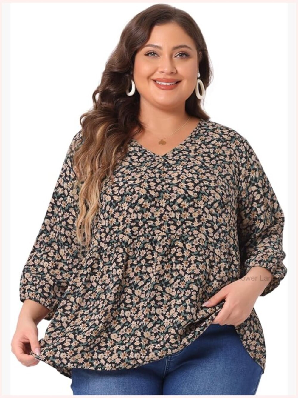 Plus Size V Neck Babydoll Flowy Blouse 3/4 Lantern Sleeve Floral Top